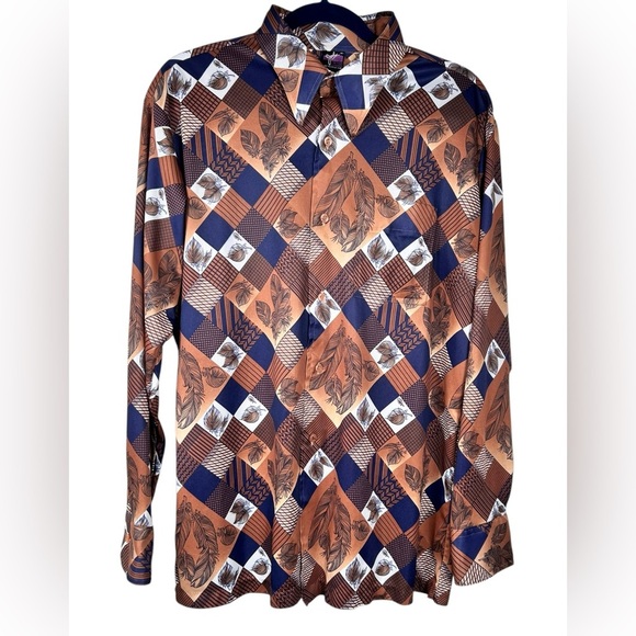 Vintage 70s leaf patterned long-collared button-up shirt, L-XL, Groovy Disco - Picture 1 of 8